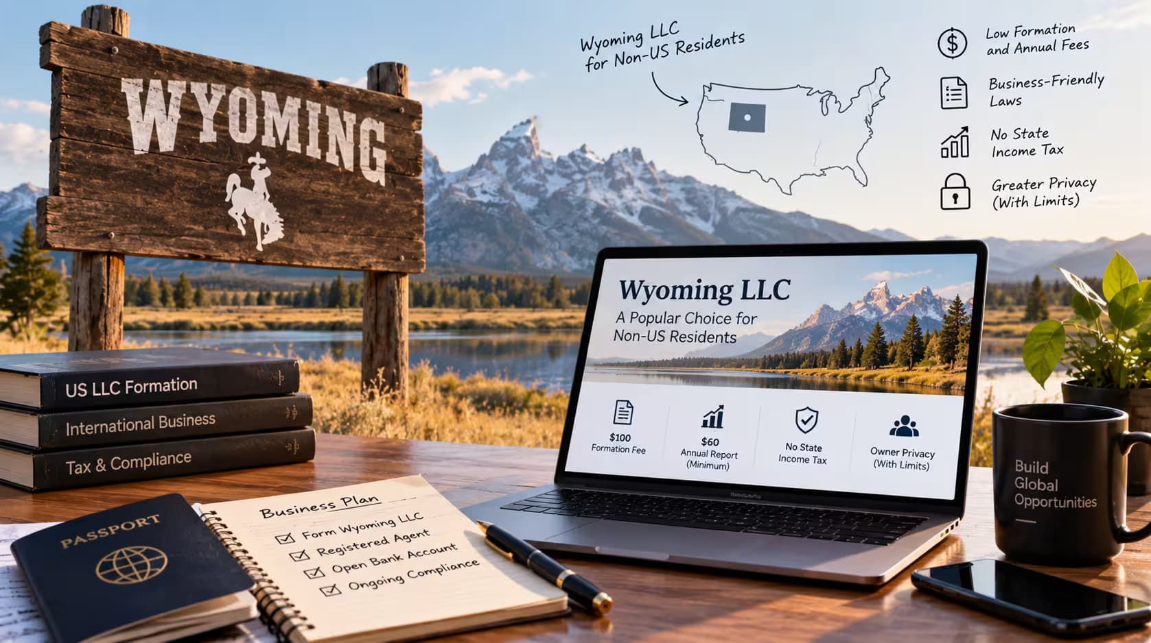 Wyoming map and business formation documents illustrating a guide to setting up an LLC